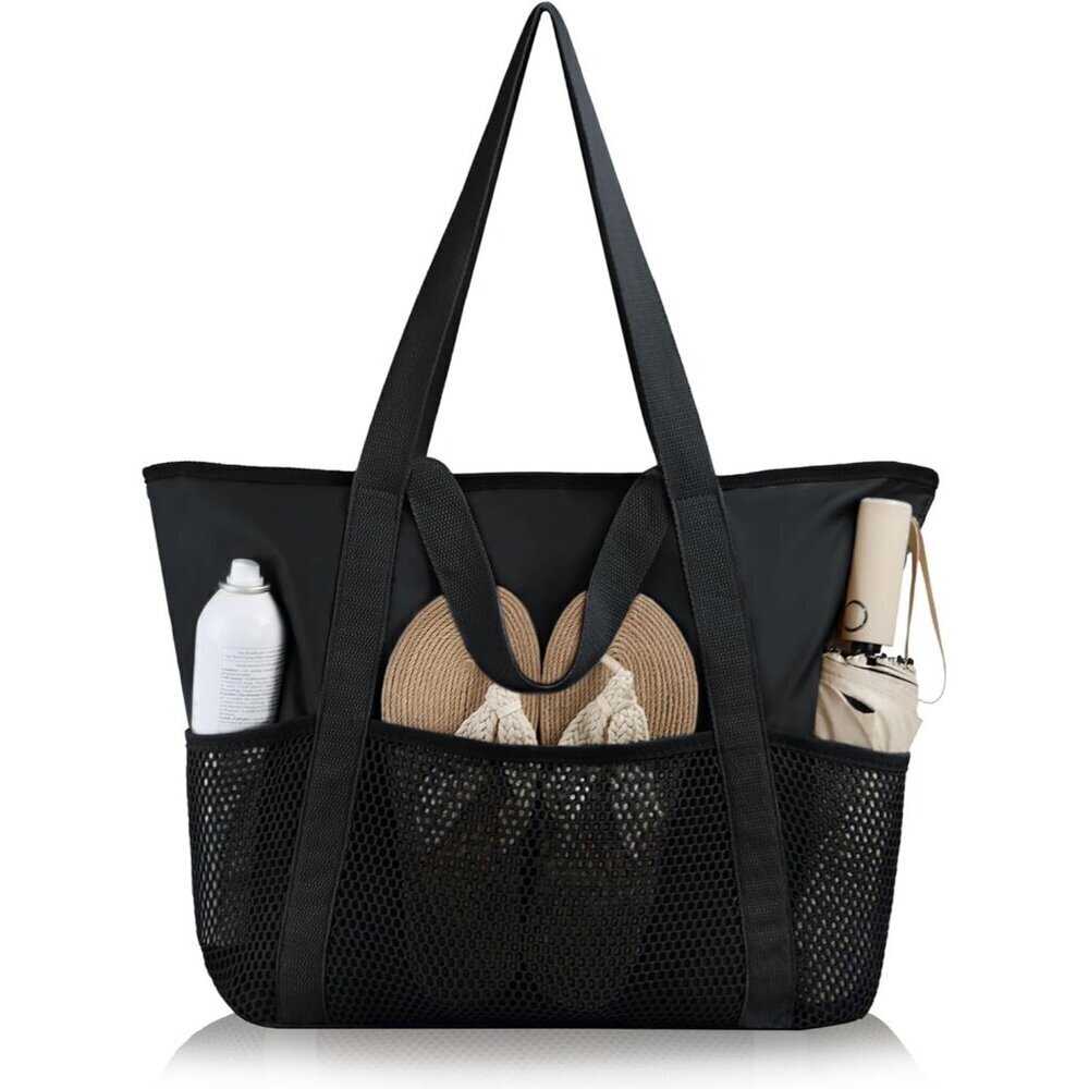 Women Black Beach Bag Large Waterproof Sandproof Foldable Tote With Zipper Mesh